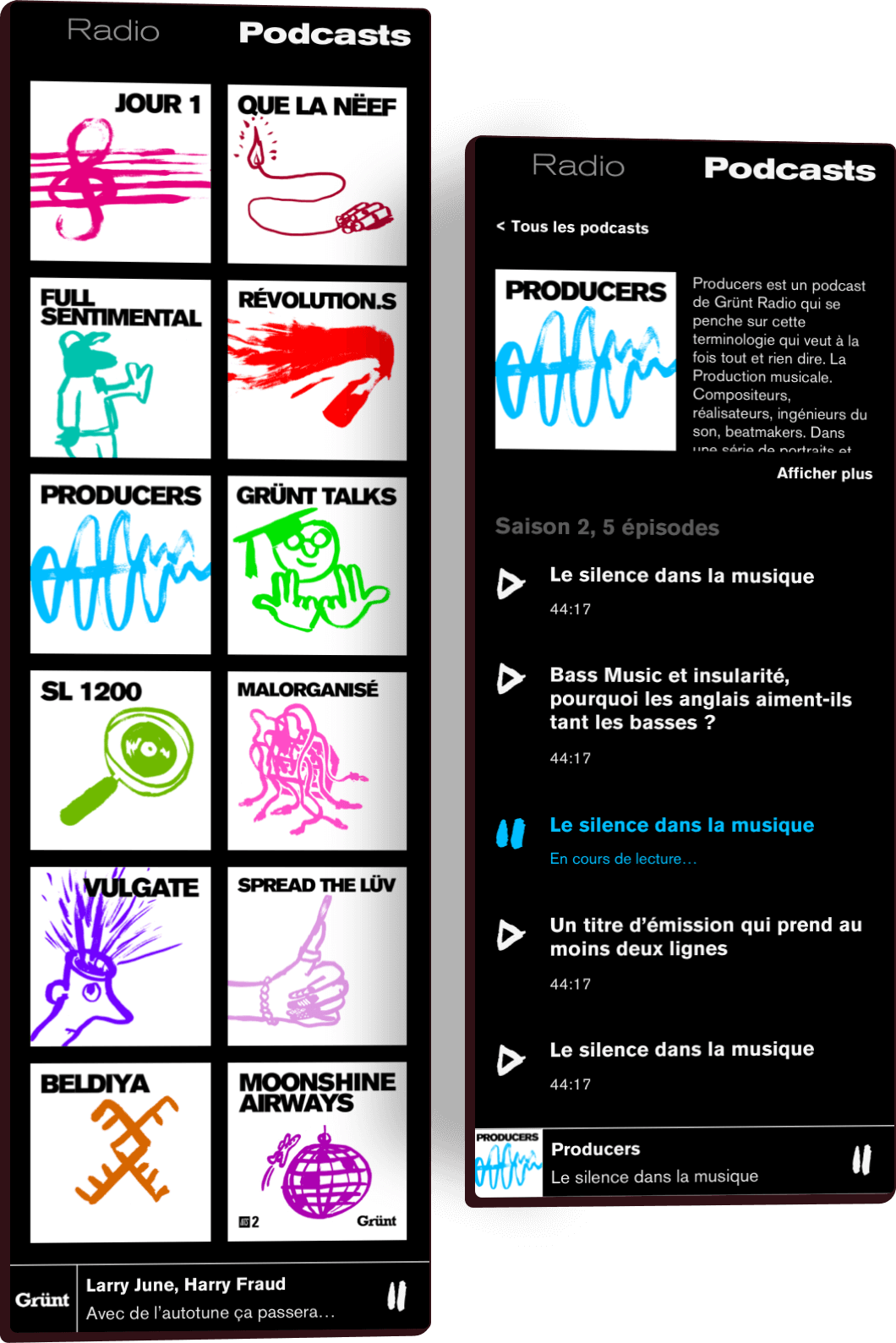 Maquettes graphiques de l'application mobile Gr&uuml;nt Radio