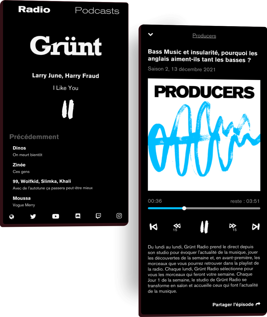Maquettes graphiques de l'application mobile Grünt Radio