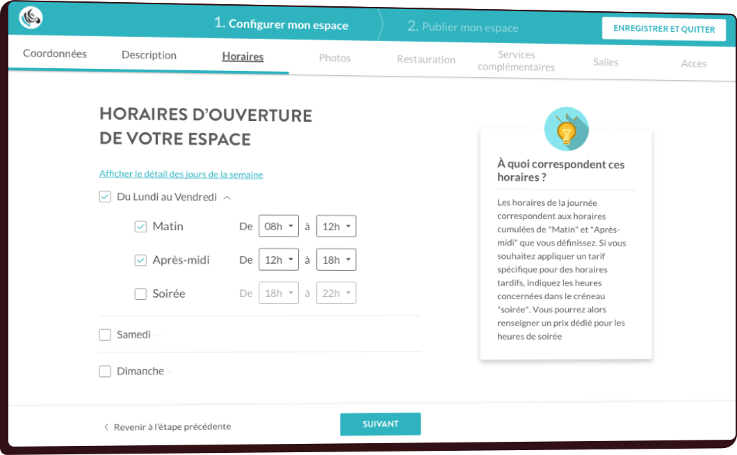 Maquette du processus d'onboarding en tant que gérant·e d'espace