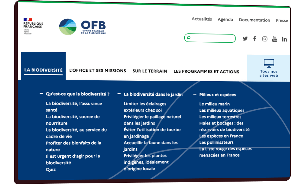 Aper&ccedil;u du menu du site ofb.gouv.fr