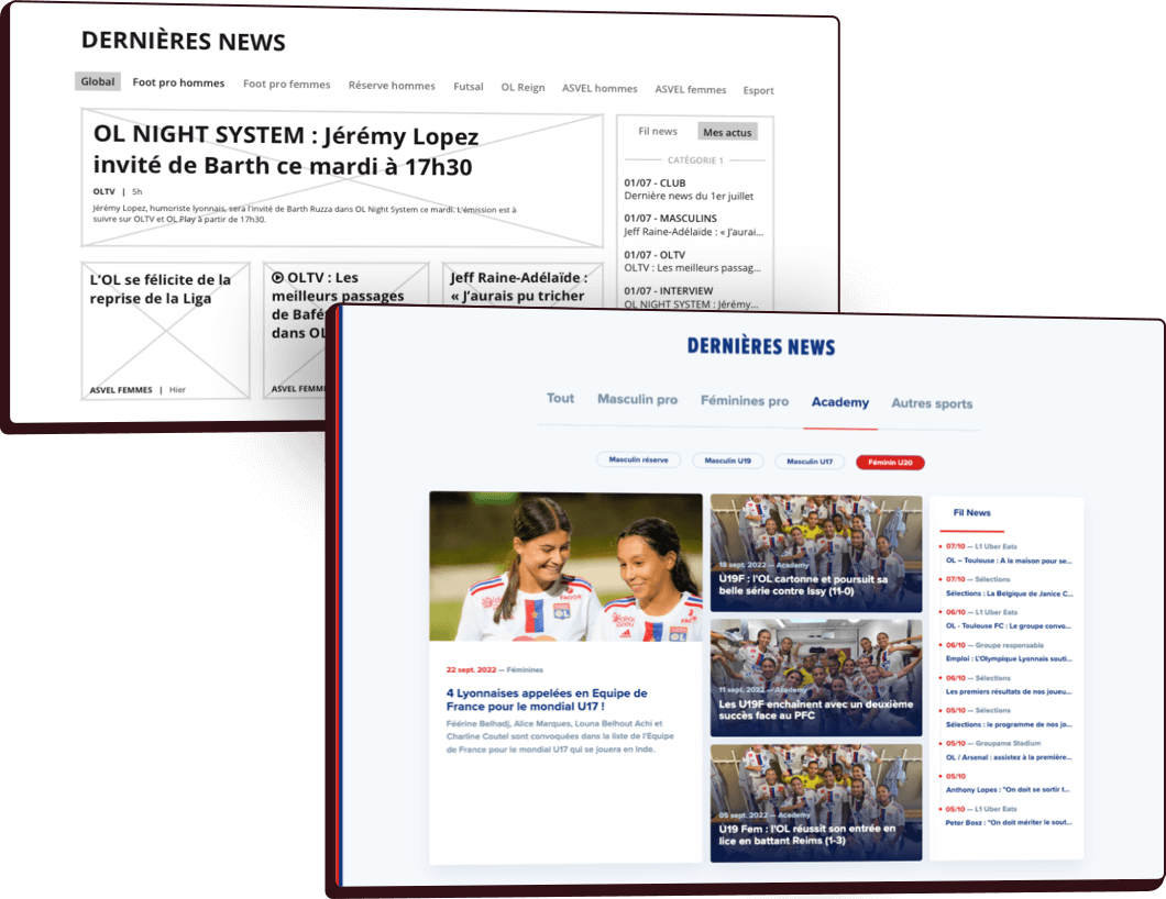 Wireframe et maquette de la section news du site ol.fr