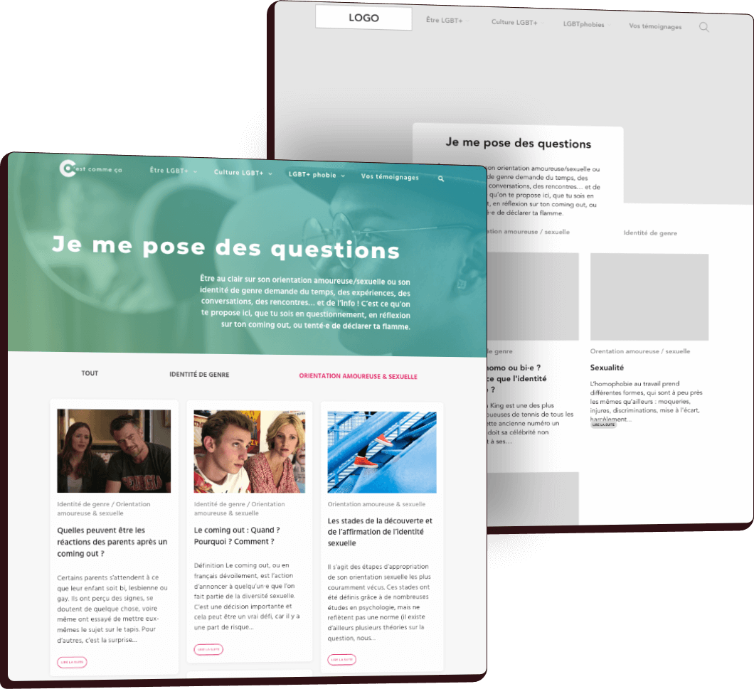 Wireframe et maquette d'une page de sélection d'articles